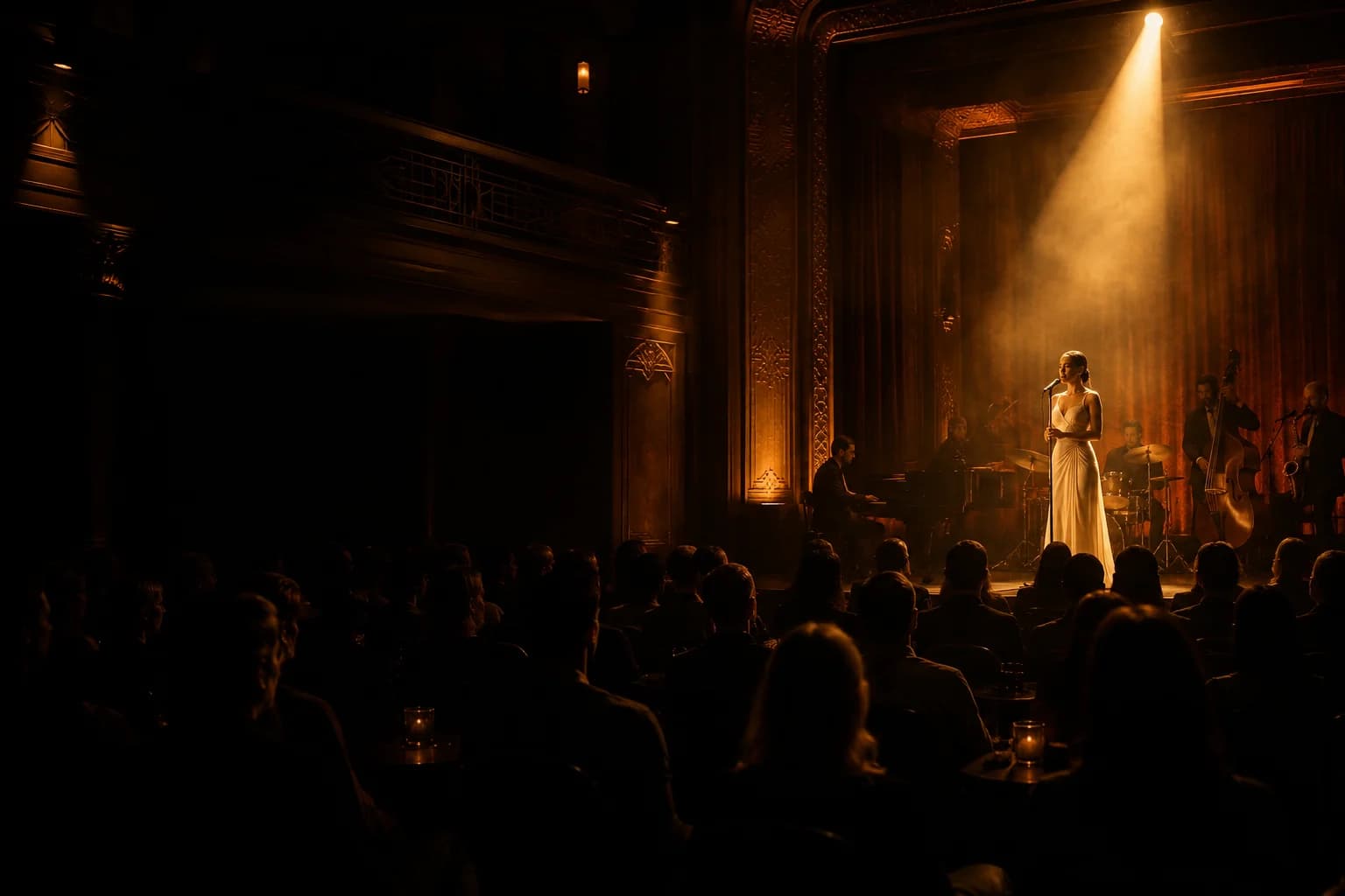 Singer in an intimate amber-lit hall