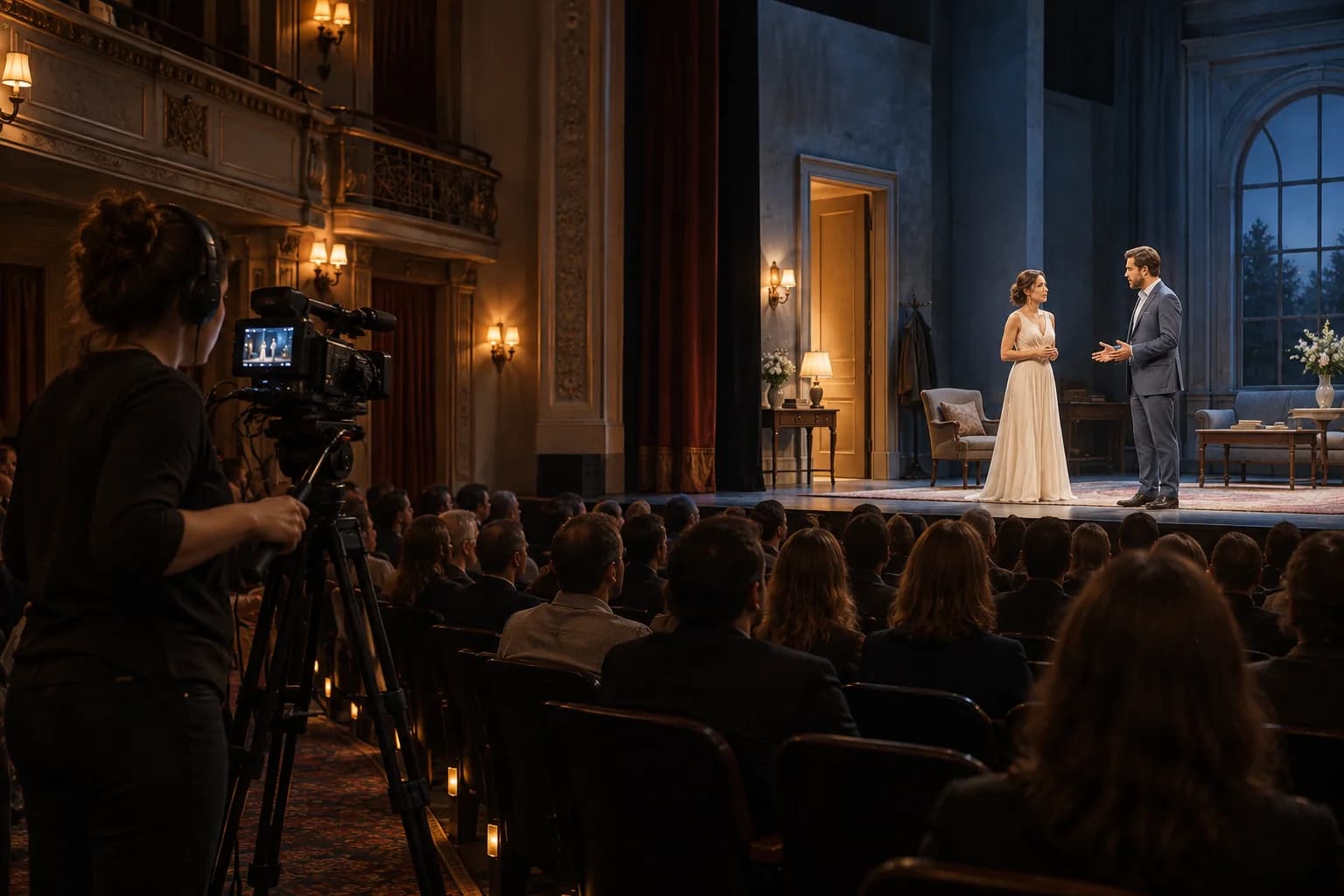 Camera operator filming a theatre performance in slate-blue light
